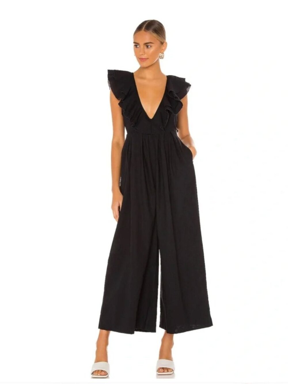 Free People Marta Black Linen Ruffle Crop Wide Leg Jumpsuit 0